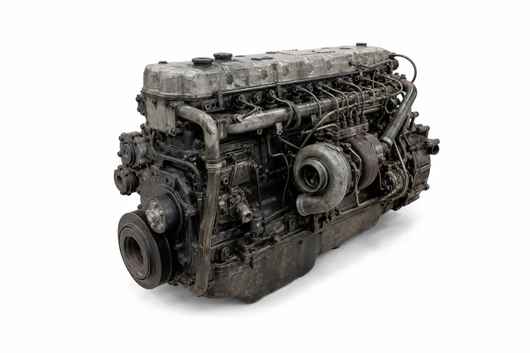 Used heavy-duty six-cylinder turbo diesel engine on a white background