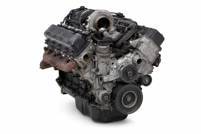 Used V8 turbo diesel engine with the turbocharger between the cylinder heads, on a white background