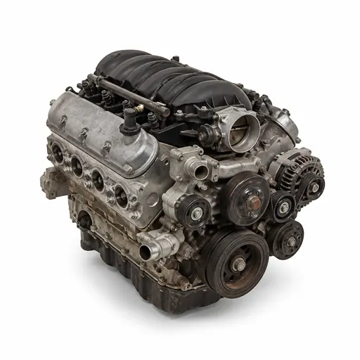 Illustrative used V8 engine on a white background