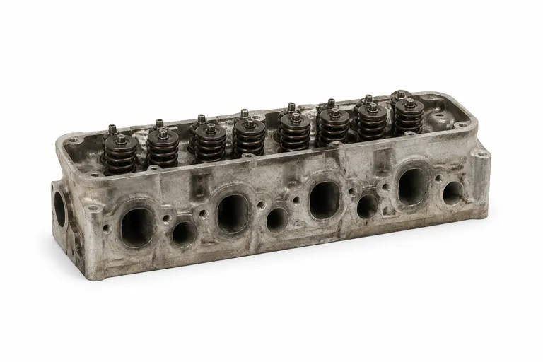 Used cast aluminium cylinder head with valve springs, on a white background
