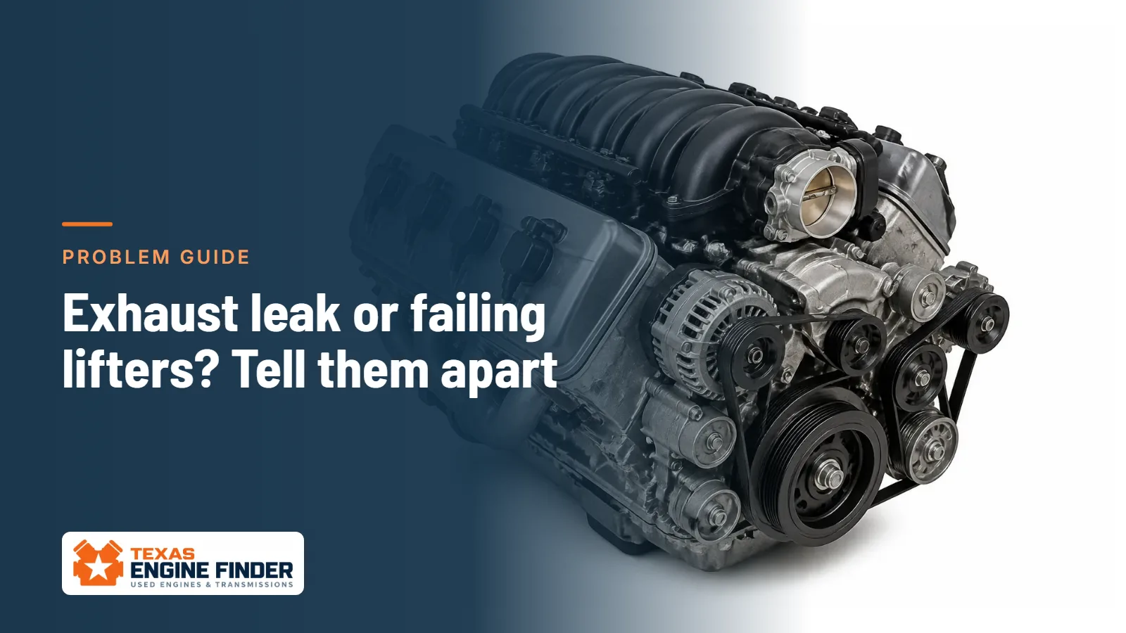 Illustrative used V8 engine on a white background beside the guide headline