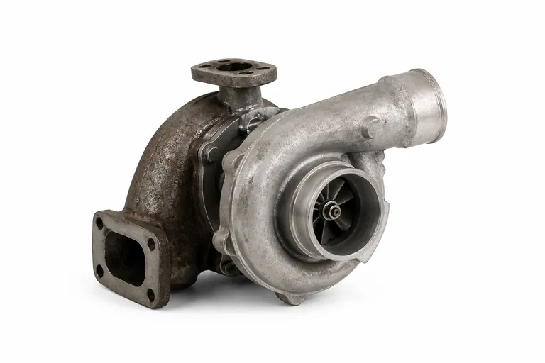 Used automotive turbocharger with turbine and compressor housings, on a white background
