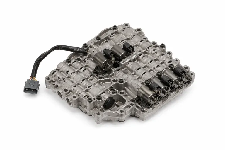 Used automatic transmission valve body with shift solenoids and a wiring connector, on a white background