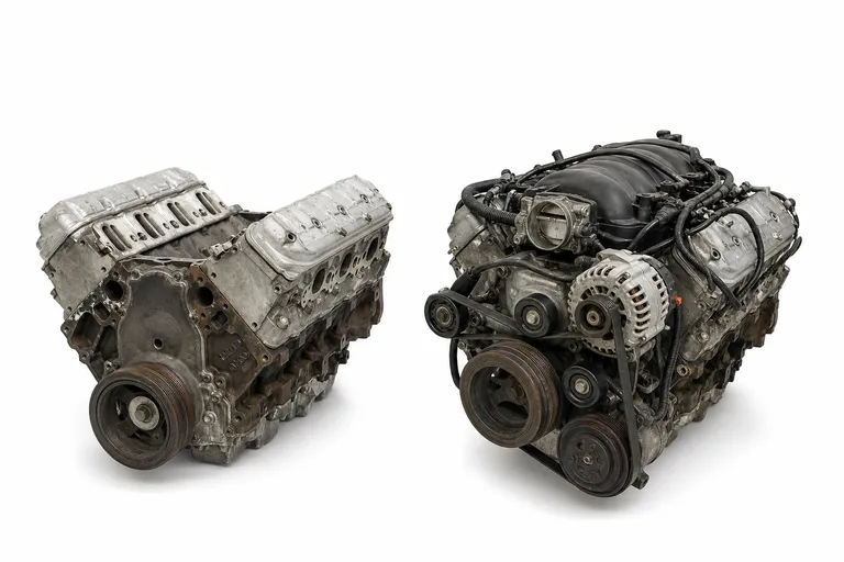 Illustrative comparison of a bare used long block beside a complete used engine with intake and accessories