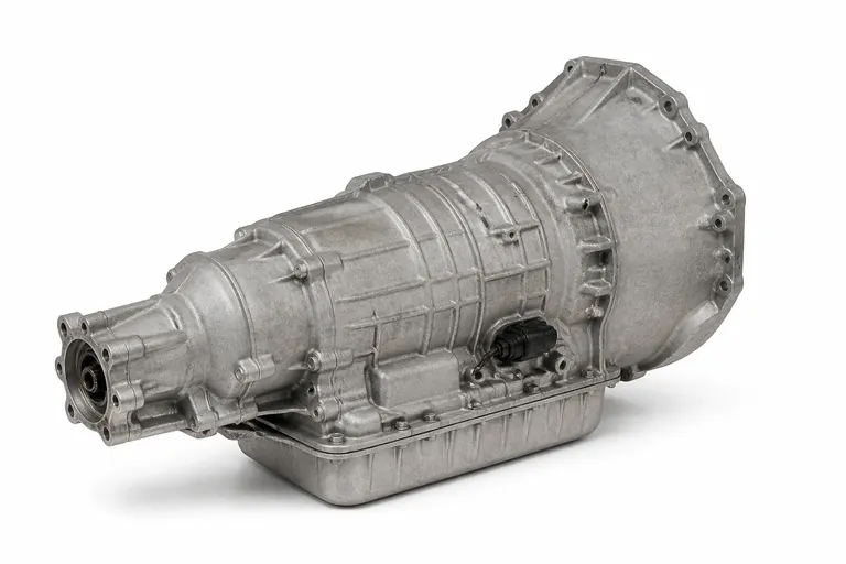 Used rear-wheel-drive automatic transmission with its oil pan and wiring connector, on a white background