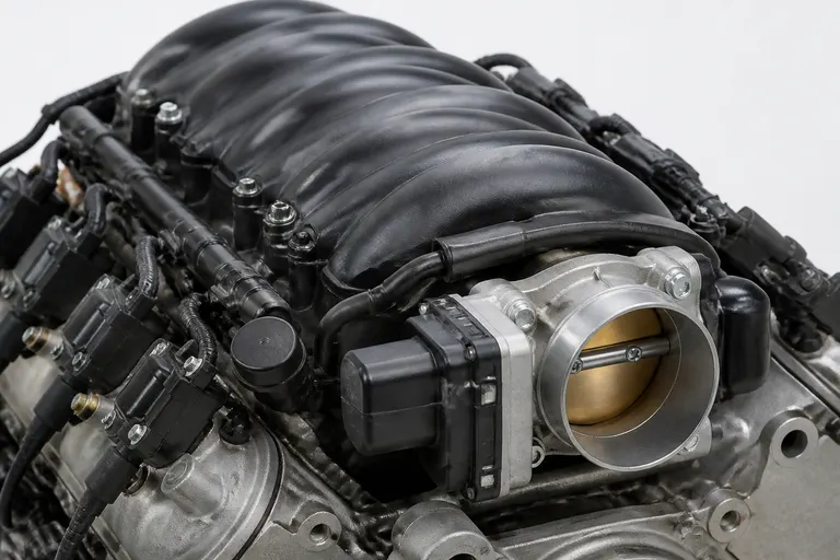 Black plastic V8 intake manifold with throttle body and coil packs, on a white background