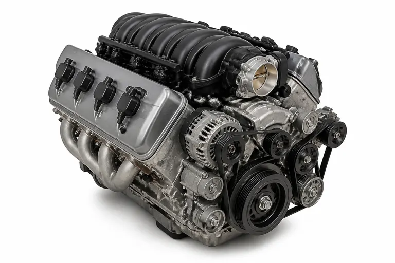 Complete V8 engine with intake, coils, exhaust headers and front accessories, on a white background