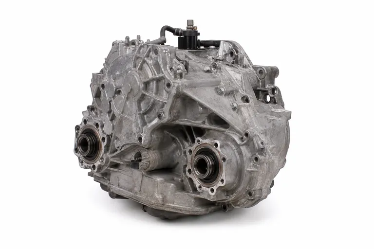 Used front-wheel-drive CVT transaxle with two drive-axle outputs, on a white background